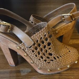 Tory Burch Tan Woven Mules with Gold Accents